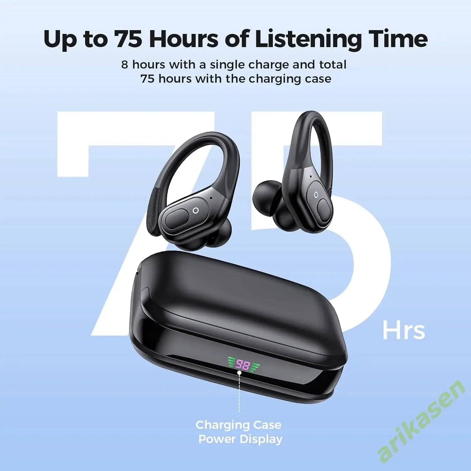 Bluetooth Headphones Wireless Earbuds 5.3 Sports Earbuds 75H Playtime IPX7 Waterproof LED Power Display over Ear Buds Deep Bass